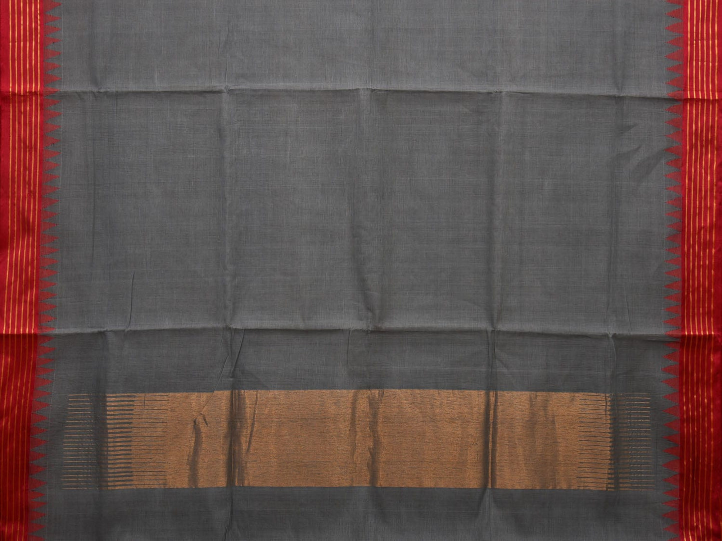 Grey Khadi Cotton Handloom Plain Saree with Temple Border Design kh0592