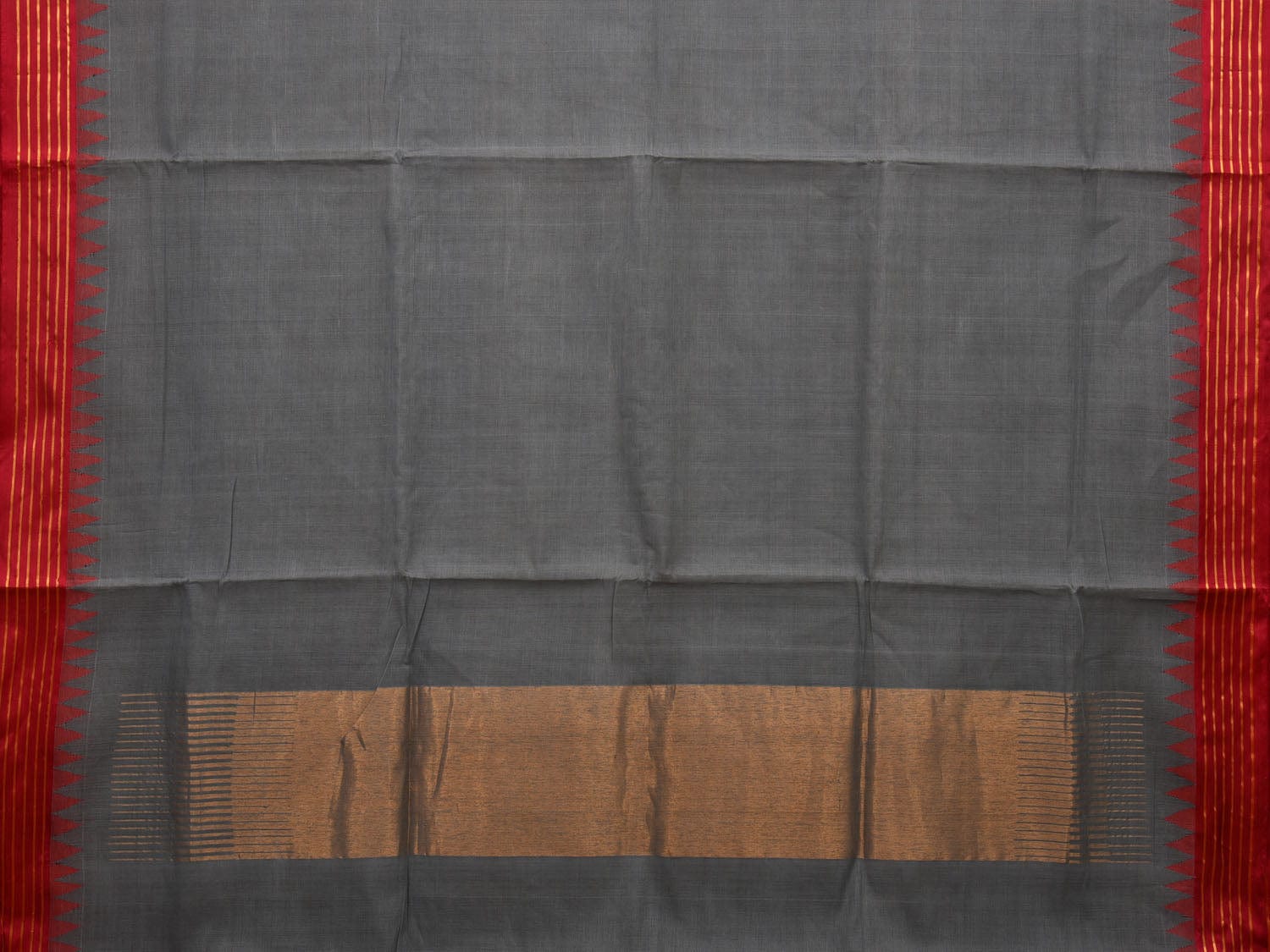 Grey Khadi Cotton Handloom Plain Saree with Temple Border Design kh0592