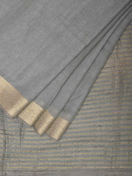 Grey Linen Cotton Plain Saree with Strips Pallu Design o0564