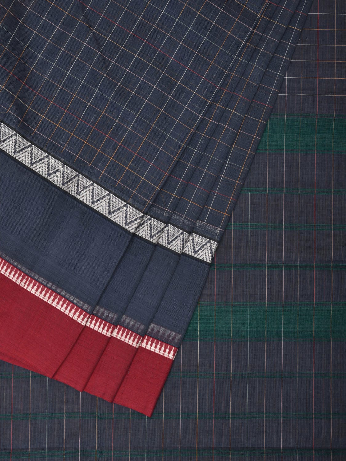 Grey Narayanpet Cotton Handloom Saree with Checks and Big Border Design No Blouse np0690