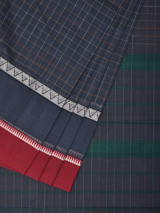 Grey Narayanpet Cotton Handloom Saree with Checks and Big Border Design No Blouse np0690