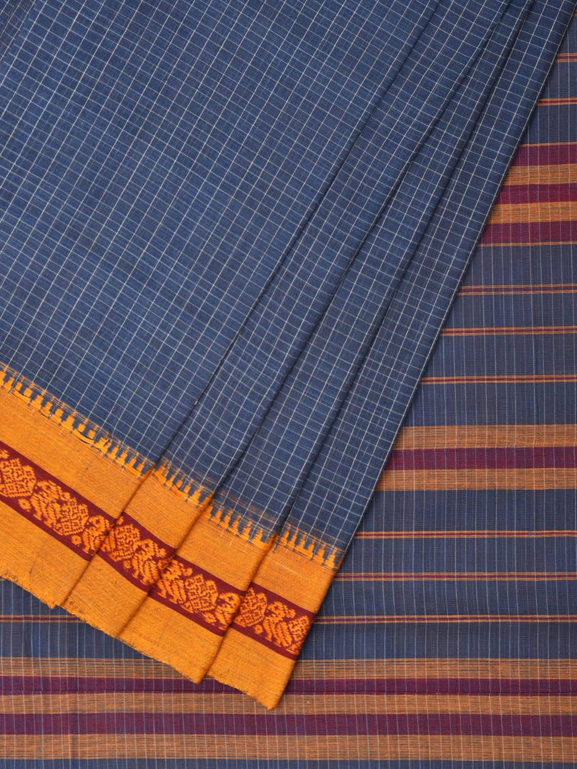 Grey Narayanpet Cotton Handloom Saree with Checks Design No Blouse np0787