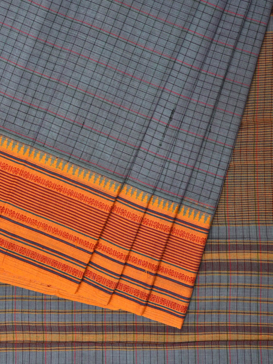 Grey Narayanpet Cotton Handloom Saree with Checks Design No Blouse np0797