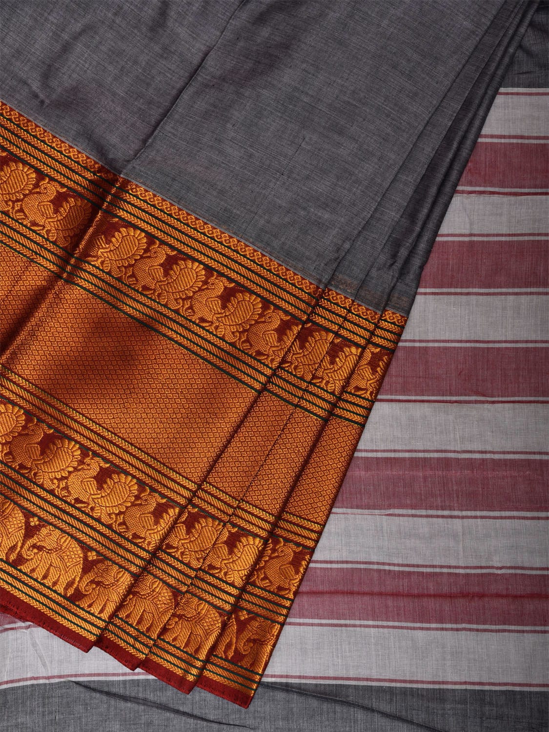 Grey Narayanpet Cotton Plain Saree with Strips Pallu and Big Border Design No Blouse np1122