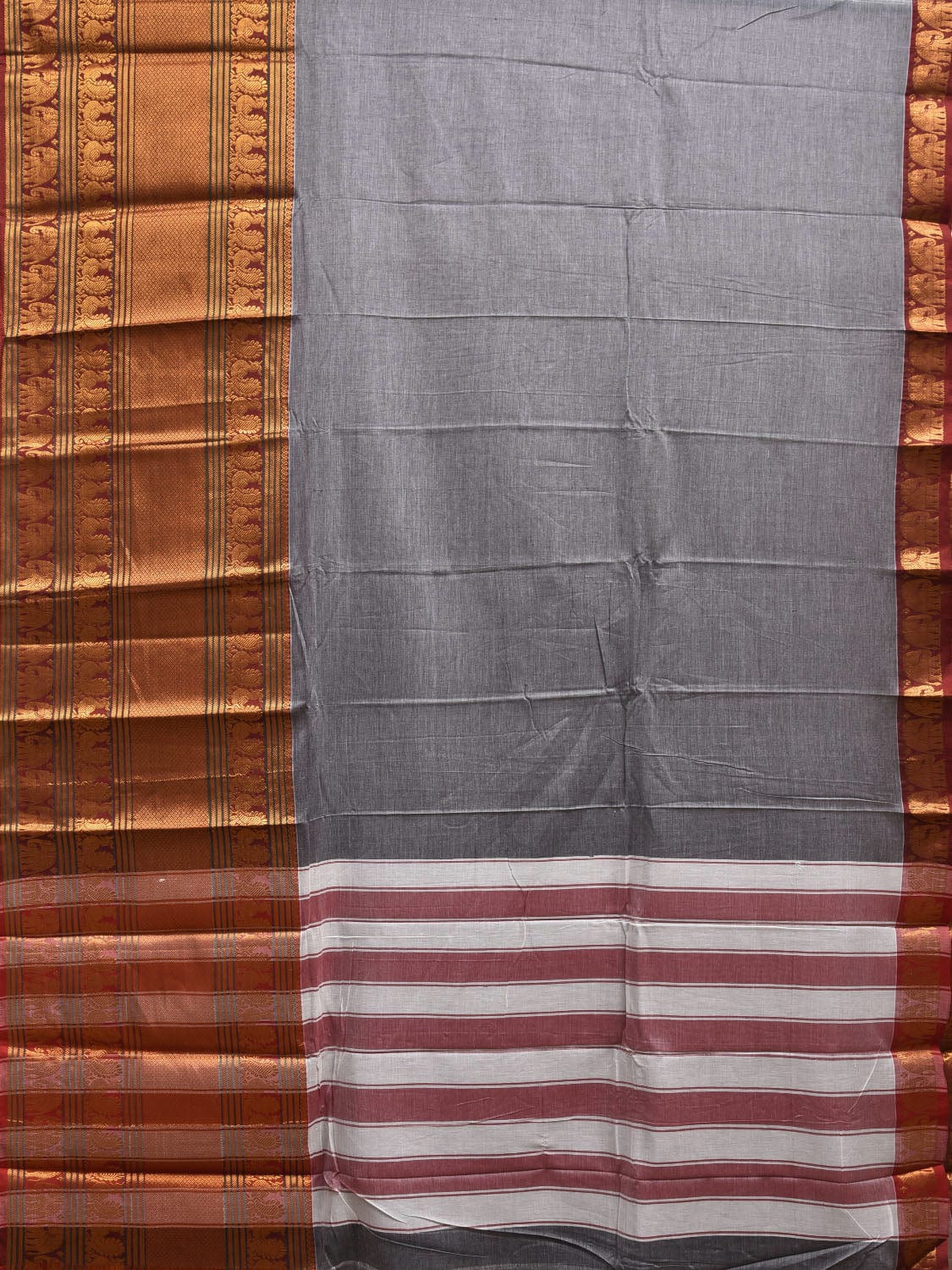 Grey Narayanpet Cotton Plain Saree with Strips Pallu and Big Border Design No Blouse np1122