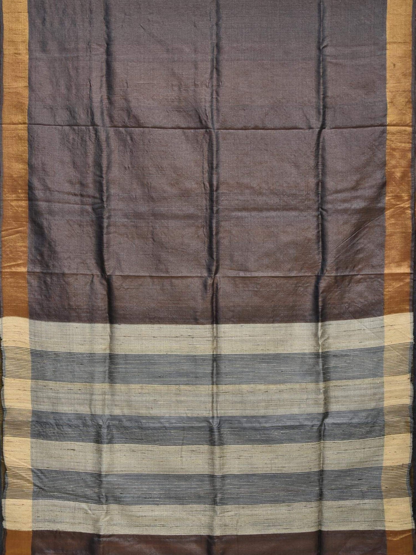 Grey Tussar Handloom Saree with Strips Pallu Design o0256