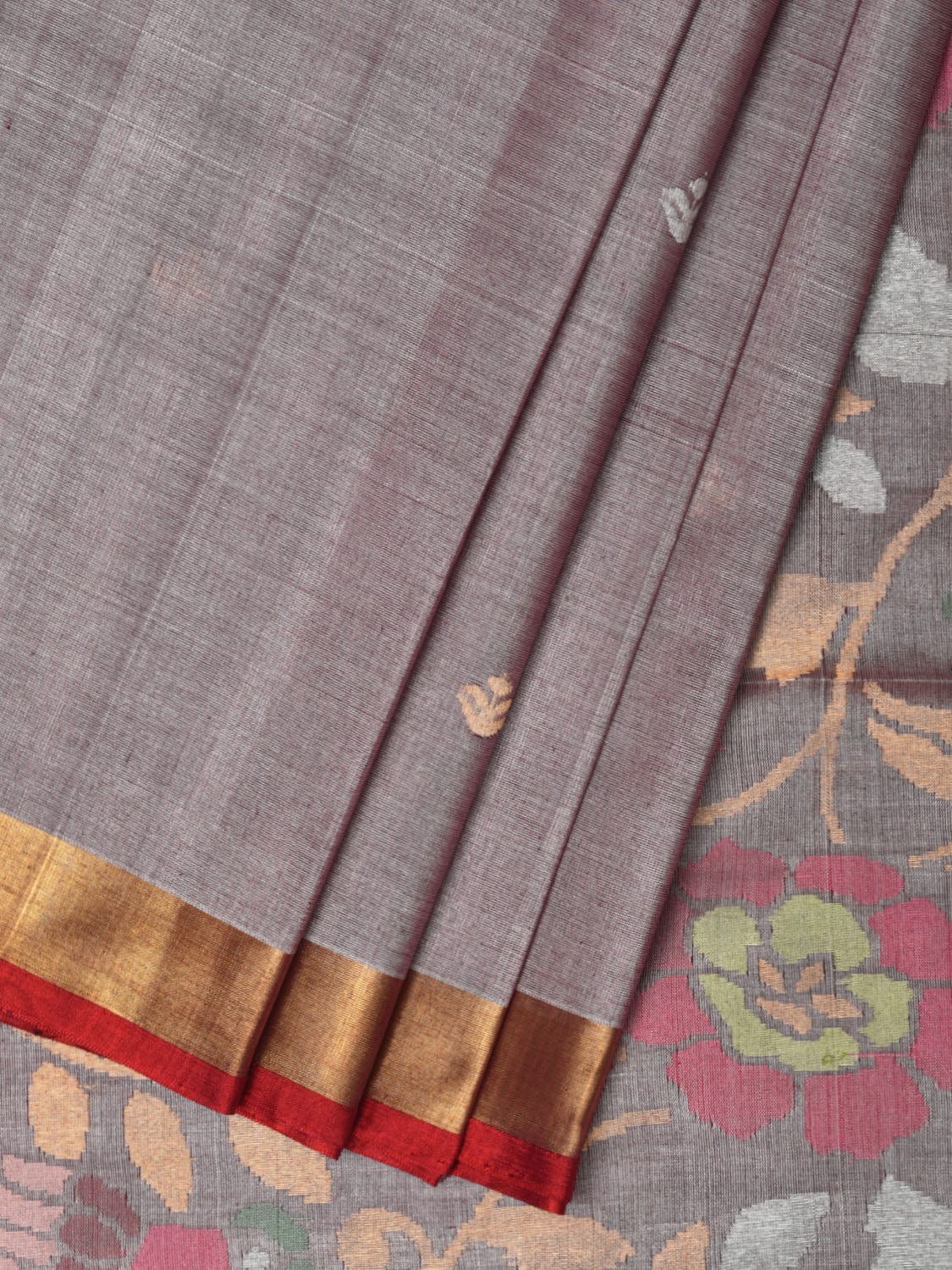 Grey Uppada Tussar Cotton Handloom Saree with Floral Pallu Design u2158