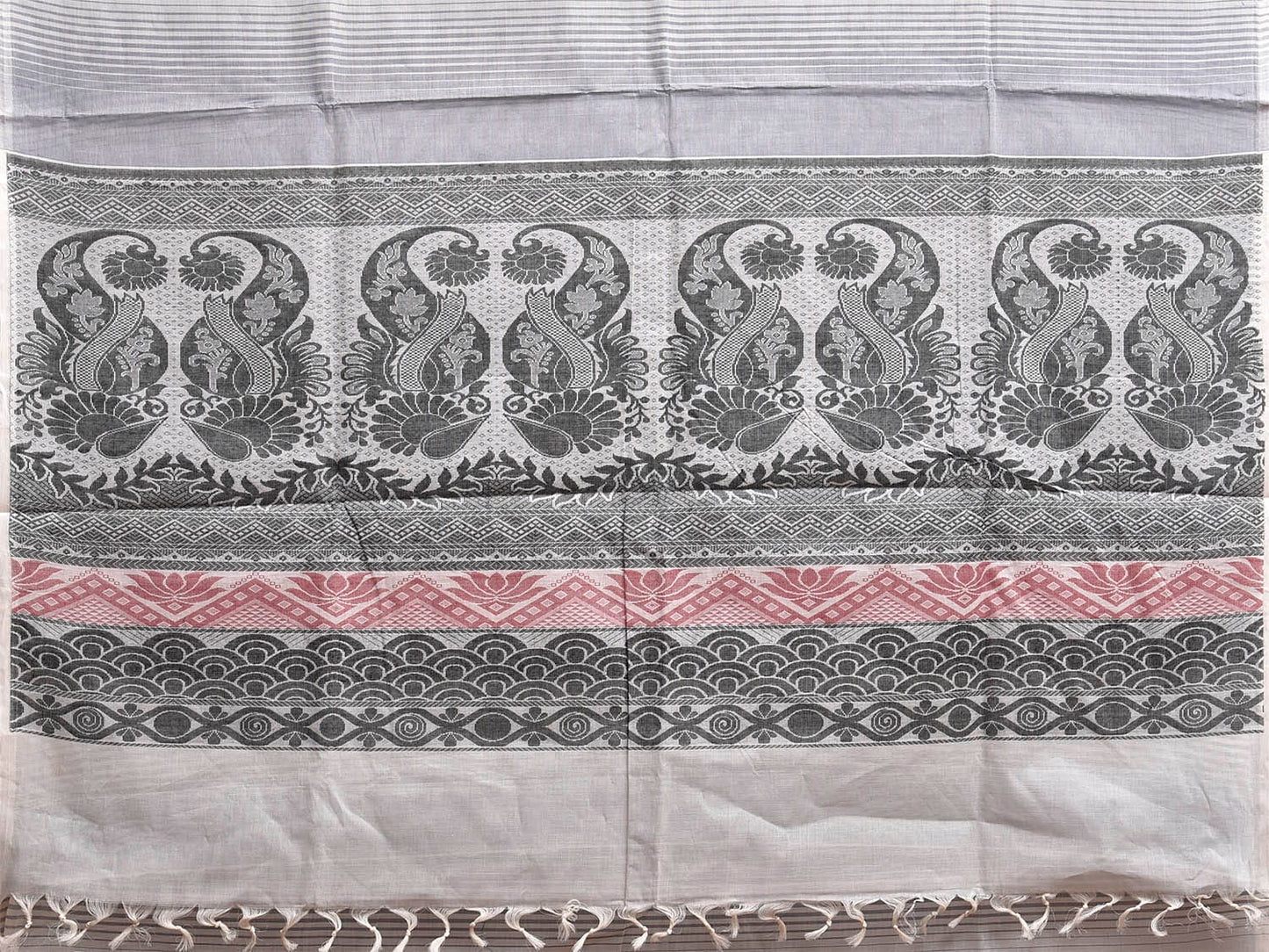 Grey Venkatagiri Cotton Saree with Strips Buta and Pallu Design v0142