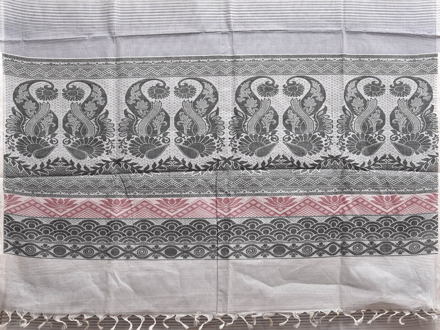 Grey Venkatagiri Cotton Saree with Strips Buta and Pallu Design v0142