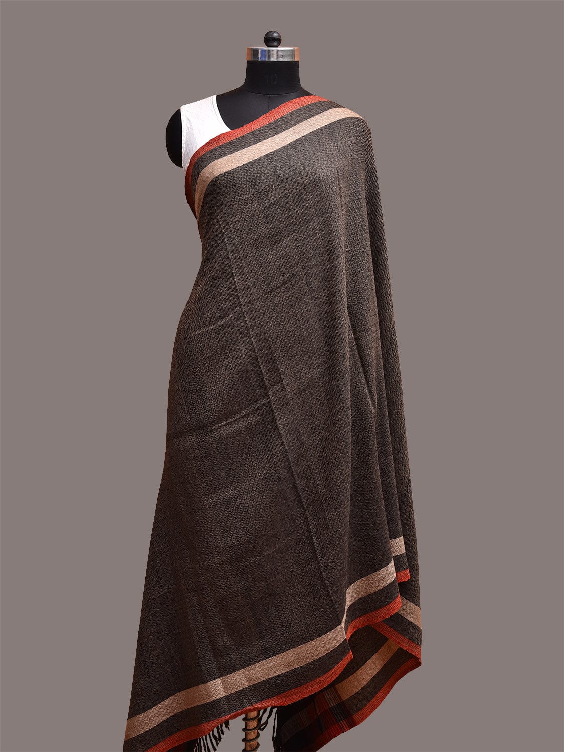 Grey Woolen Shawl with Strips Border Design ds3662