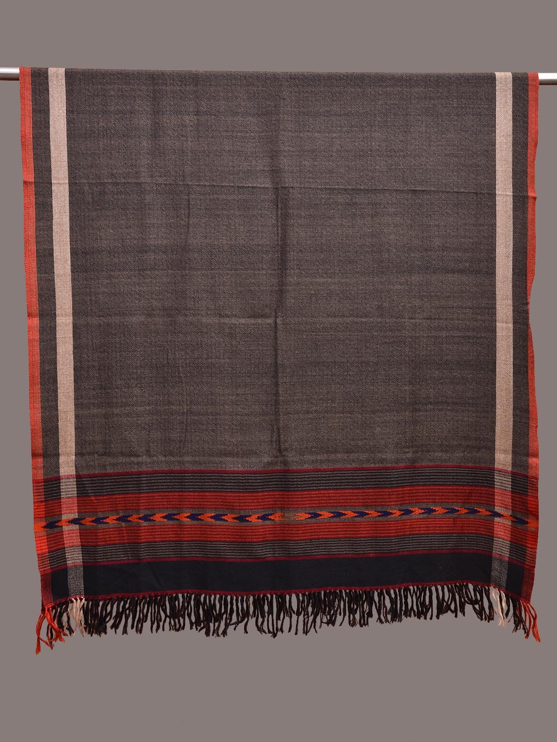 Grey Woolen Shawl with Strips Border Design ds3662