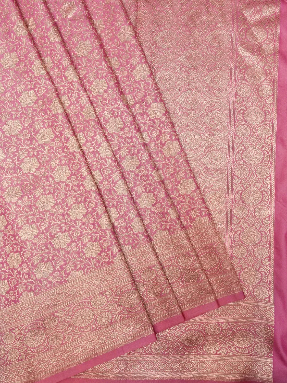 Vibrant Rani Pink Banarasi Katan Silk Saree with Luxurious Gold Brocade Jaal DSK0032