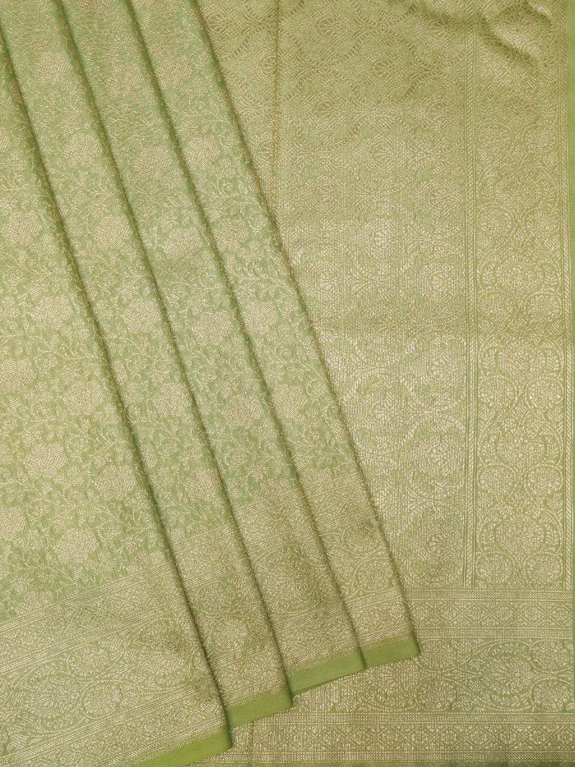 Pistachio Green Banarasi Katan Silk Saree with Luxurious Gold Brocade Jaal Weave DSK0034