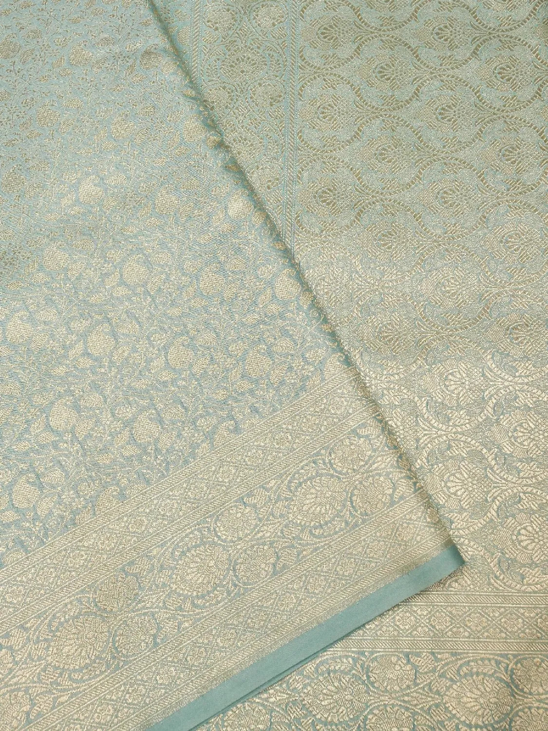 Ice Mint Color Banarasi Katan Silk Saree with Luxurious All-Over Silver Brocade Jaal DSK0040