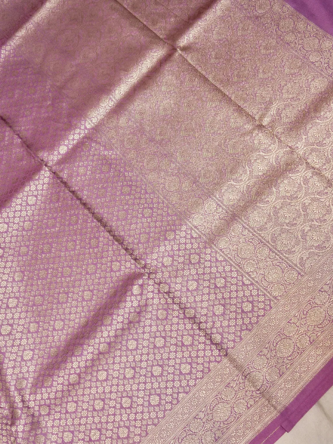 Vibrant Lavender Banarasi Katan Silk Saree with Luxurious All-Over Gold Brocade DSK0041