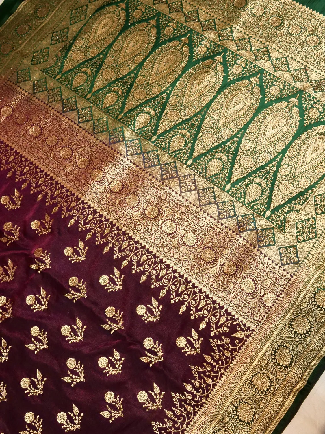 Majestic Wine Purple & Emerald Green Katan Silk Saree with Heavy Gold Zari Weave DSK0013