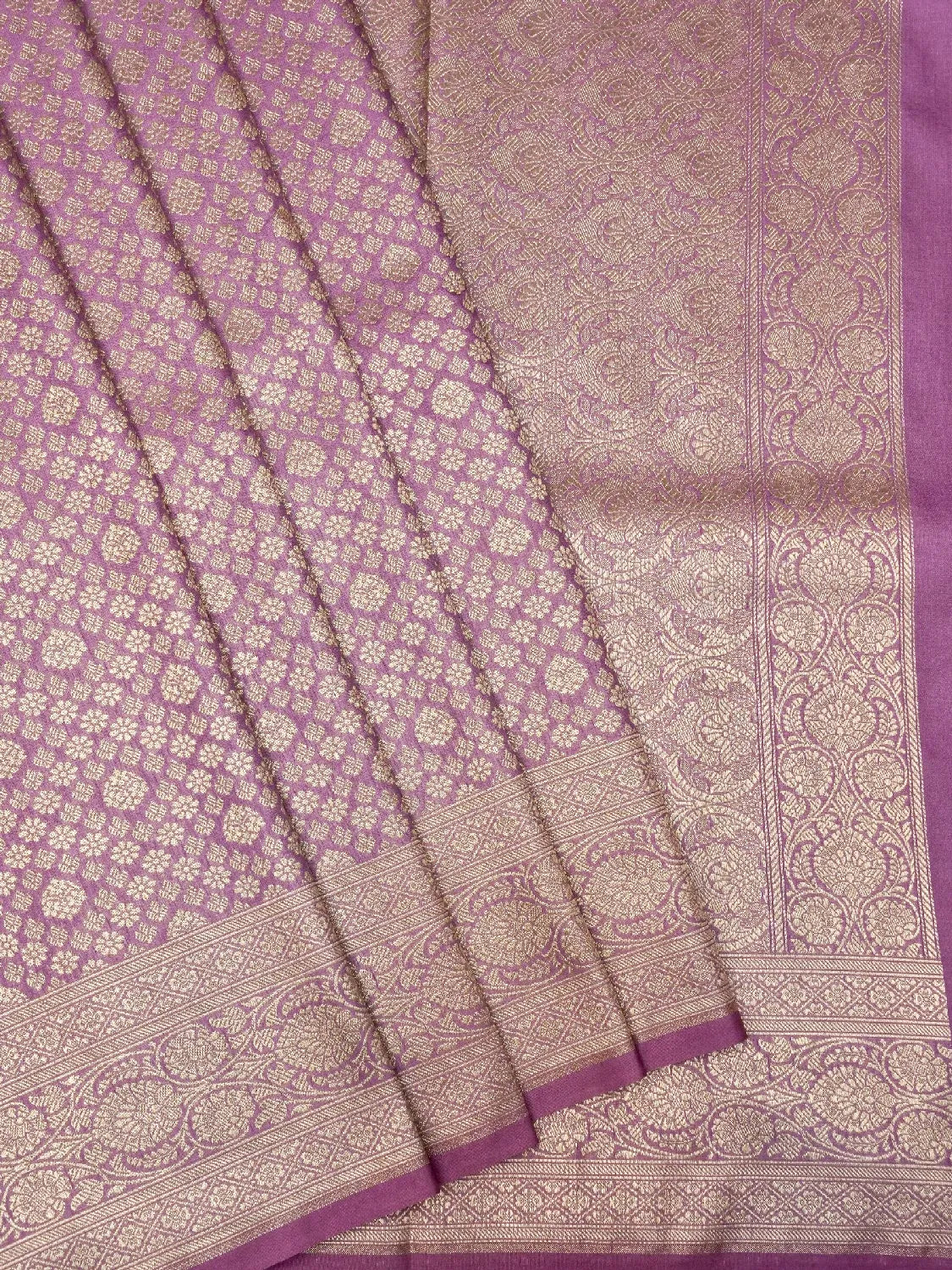 Vibrant Lavender Banarasi Katan Silk Saree with Luxurious All-Over Gold Brocade DSK0041