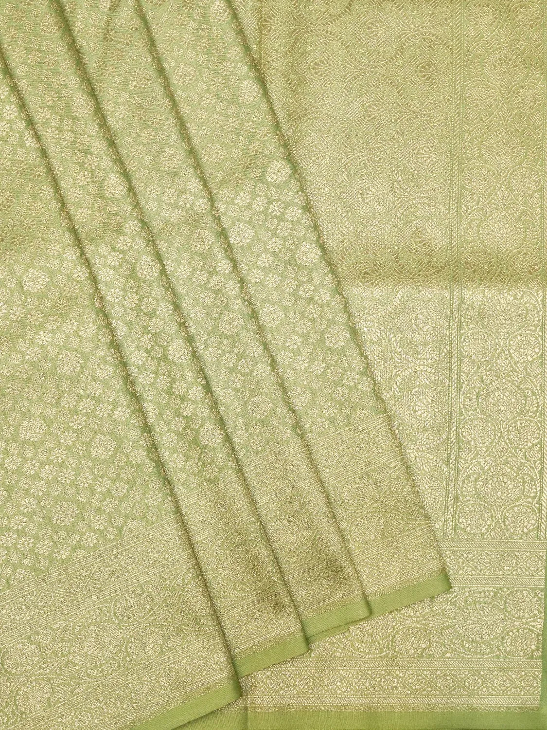 Rich Sage Green Banarasi Katan Silk Saree with Luxurious Gold Brocade Jaal Weave DSK0042