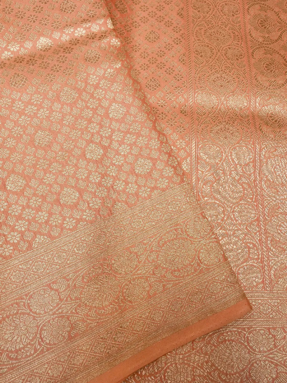 Luminous Peach Banarasi Katan Silk Saree with All-Over Gold Brocade Floral Jaal DSK0043