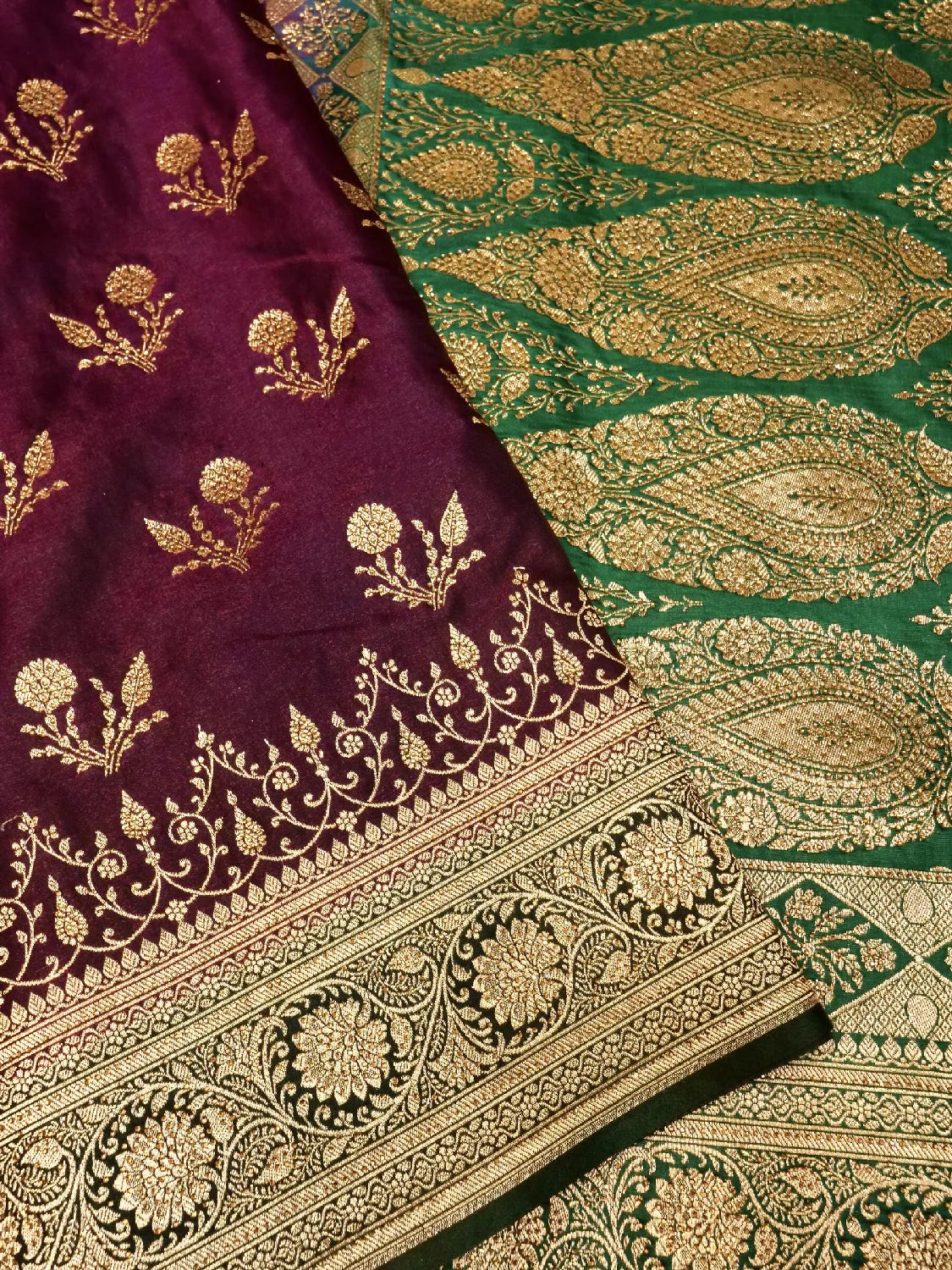 Majestic Wine Purple & Emerald Green Katan Silk Saree with Heavy Gold Zari Weave DSK0013