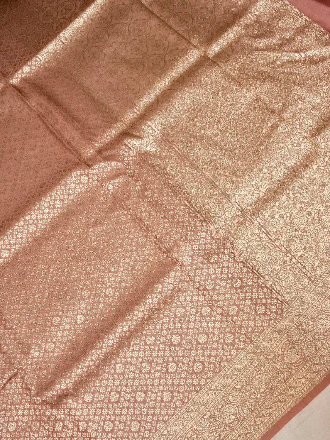 Rich Copper Banarasi Katan Silk Saree with All-Over Gold Brocade Floral Jaal DSK0044