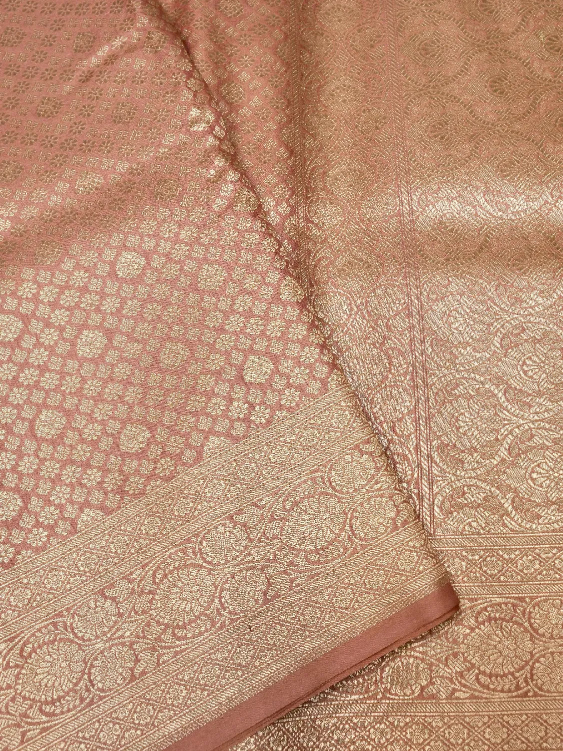 Rich Copper Banarasi Katan Silk Saree with All-Over Gold Brocade Floral Jaal DSK0044