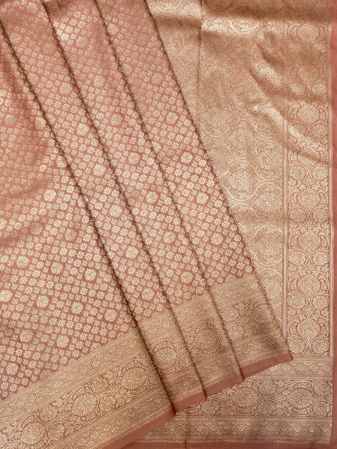 Rich Copper Banarasi Katan Silk Saree with All-Over Gold Brocade Floral Jaal DSK0044