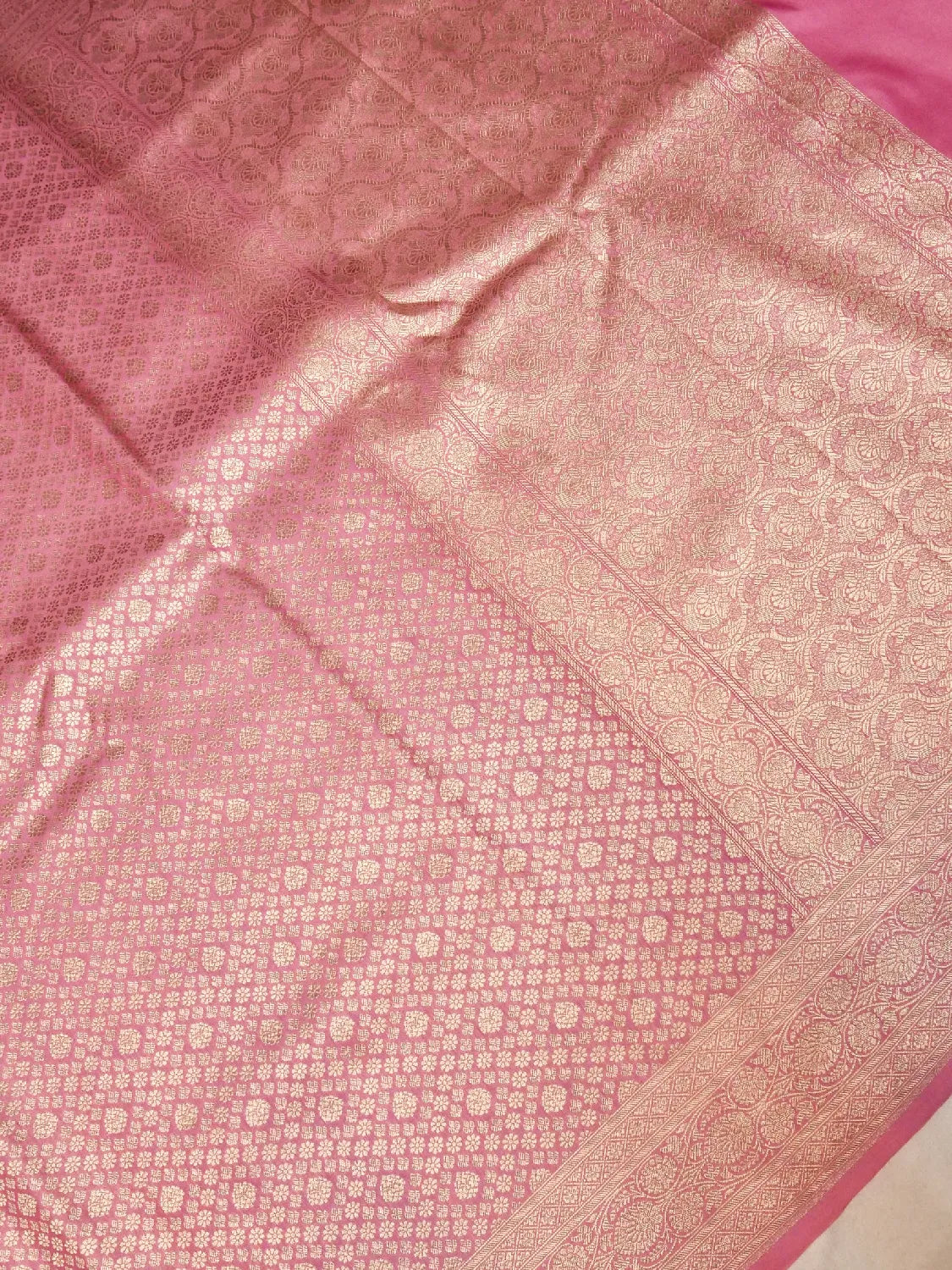 Luxurious Deep Rose Pink Banarasi Katan Silk Saree with All-Over Gold Brocade DSK0045