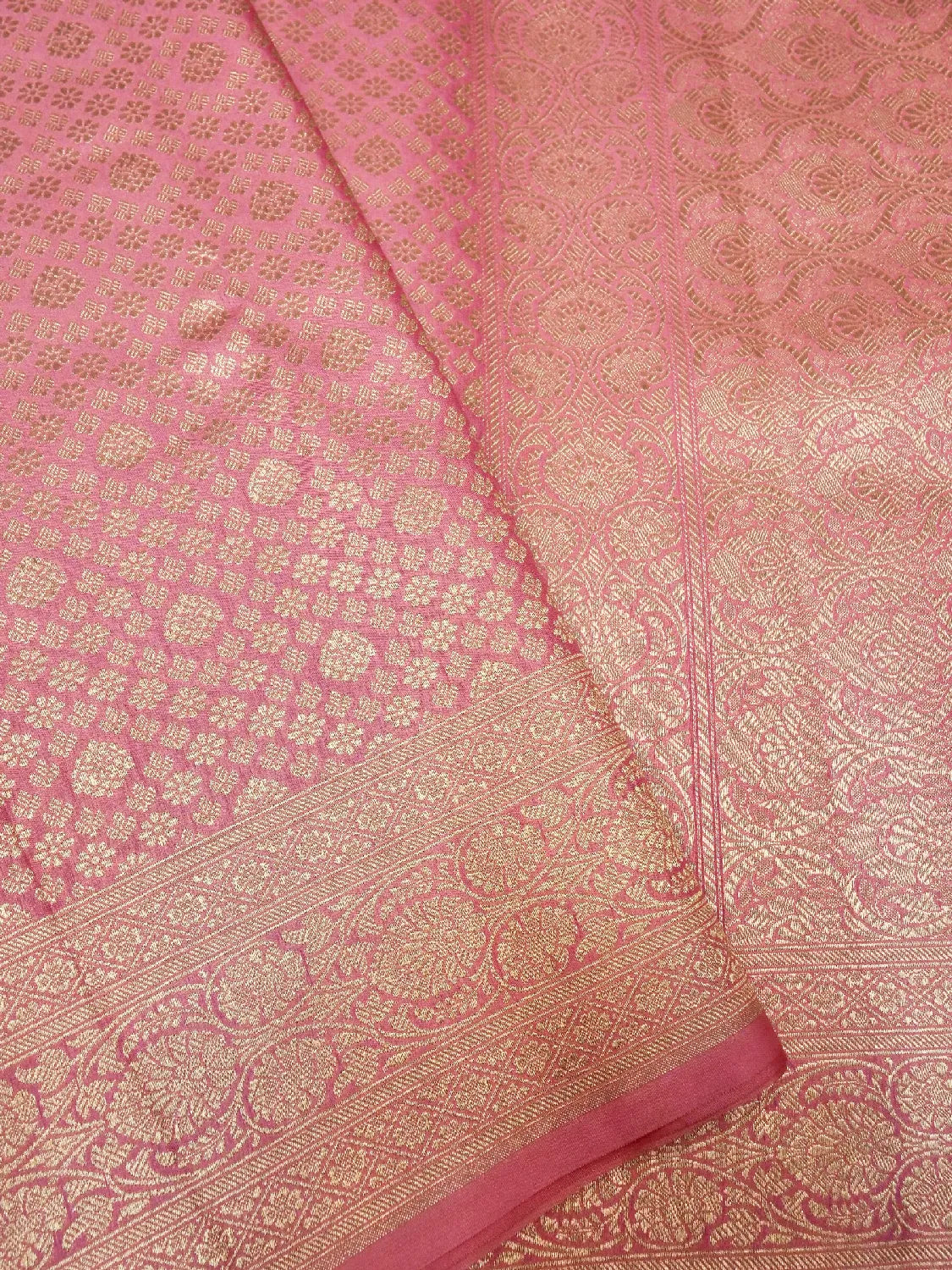 Luxurious Deep Rose Pink Banarasi Katan Silk Saree with All-Over Gold Brocade DSK0045