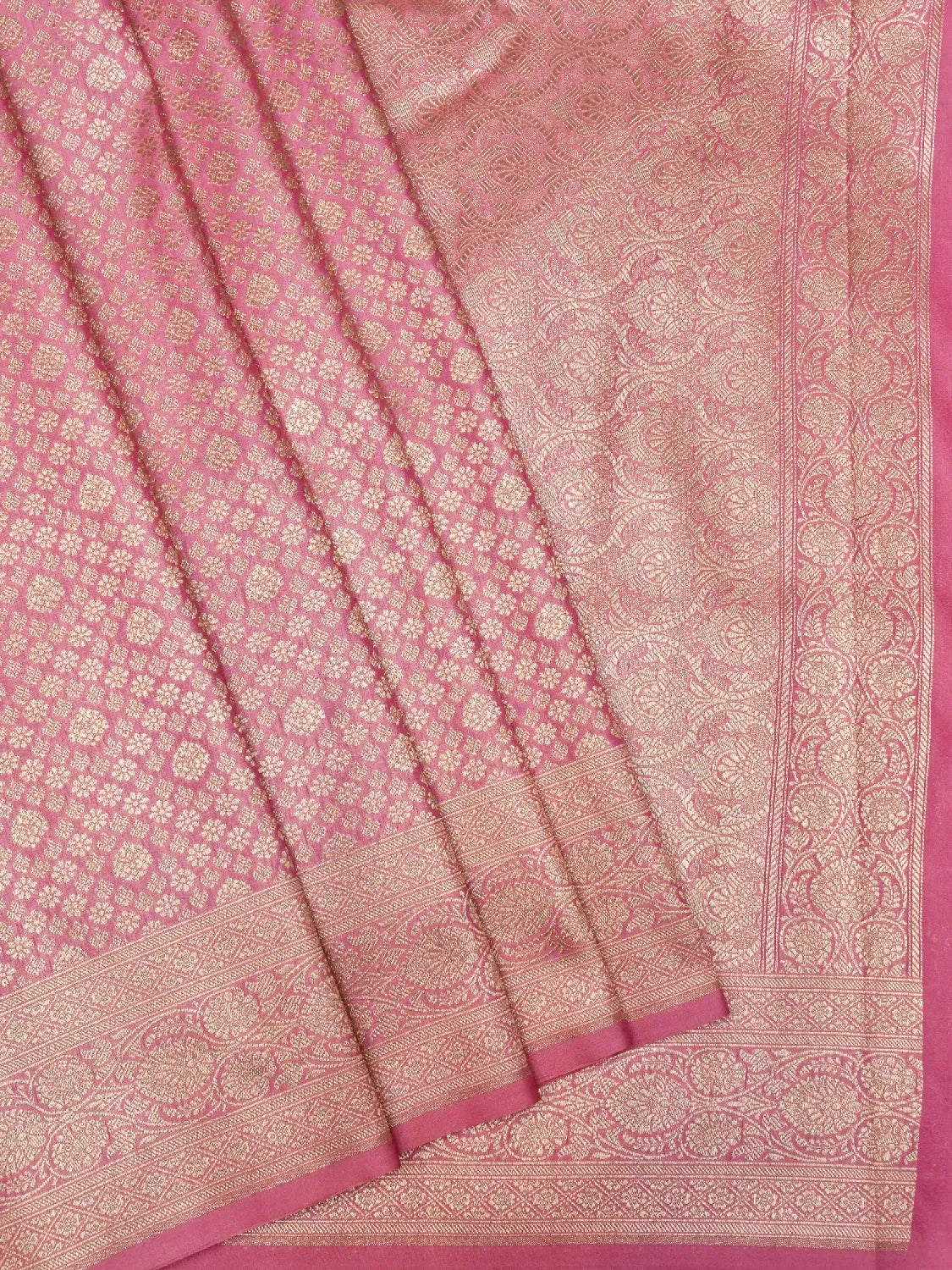 Luxurious Deep Rose Pink Banarasi Katan Silk Saree with All-Over Gold Brocade DSK0045