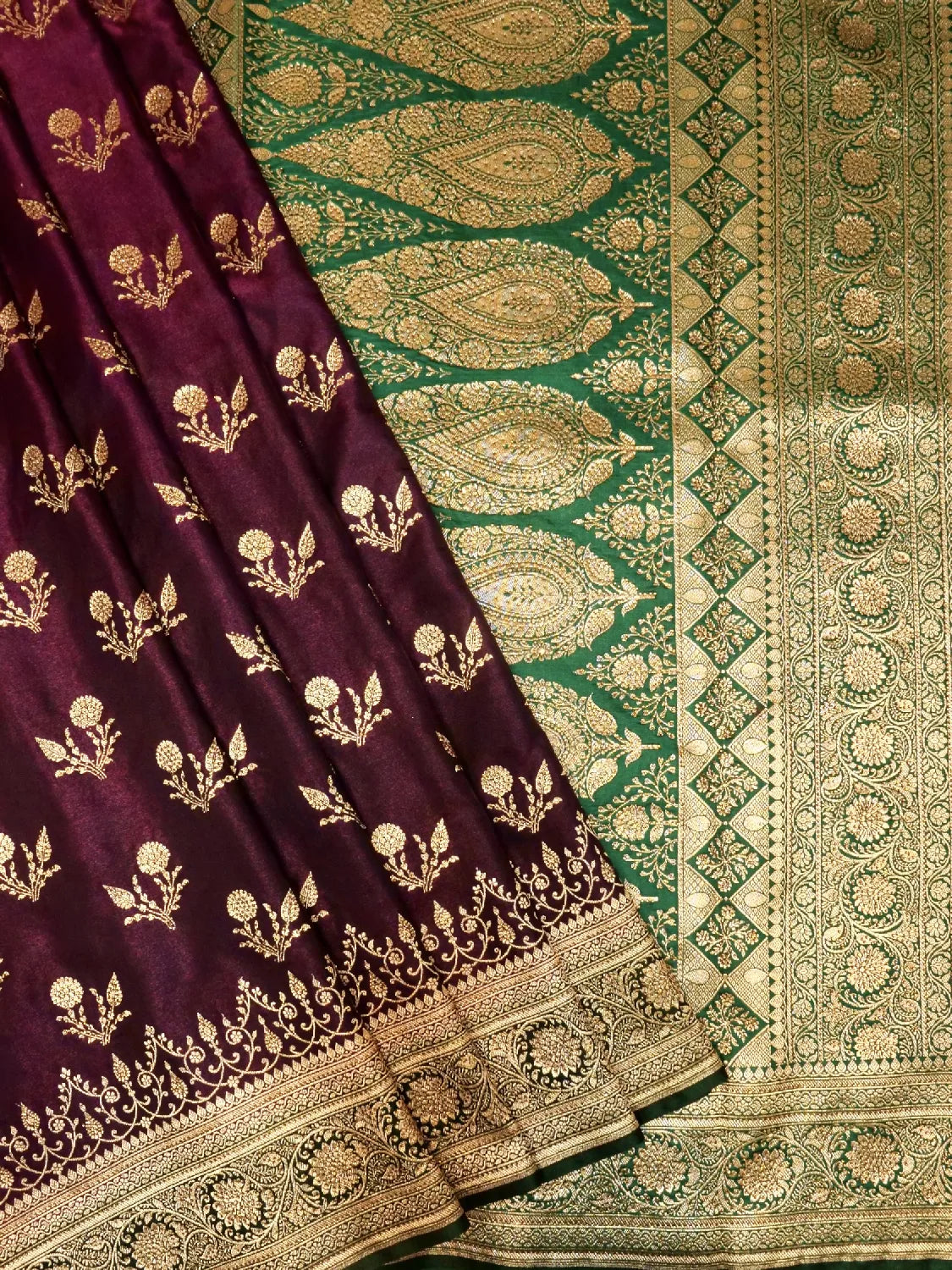 Majestic Wine Purple & Emerald Green Katan Silk Saree with Heavy Gold Zari Weave DSK0013