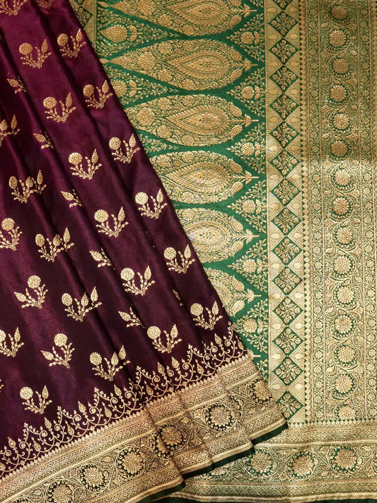 Majestic Wine Purple & Emerald Green Katan Silk Saree with Heavy Gold Zari Weave DSK0013