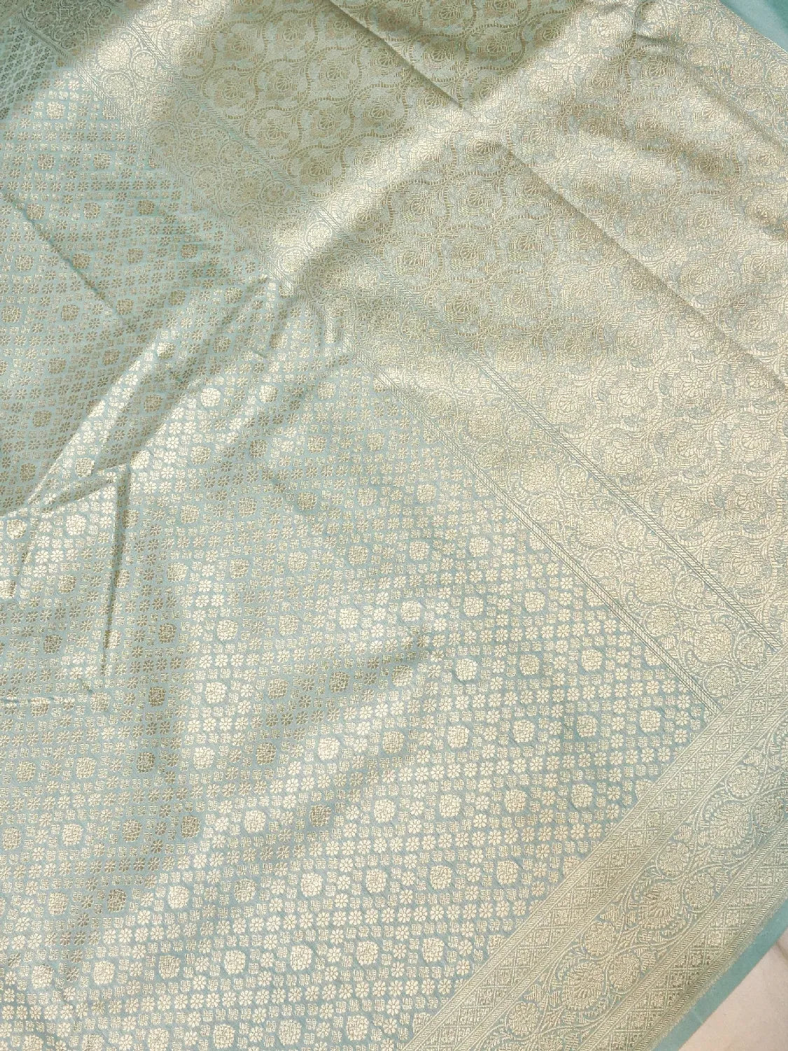 Aqua Blue Banarasi Katan Silk Saree with Gold Zari Floral Buttas DSK0047