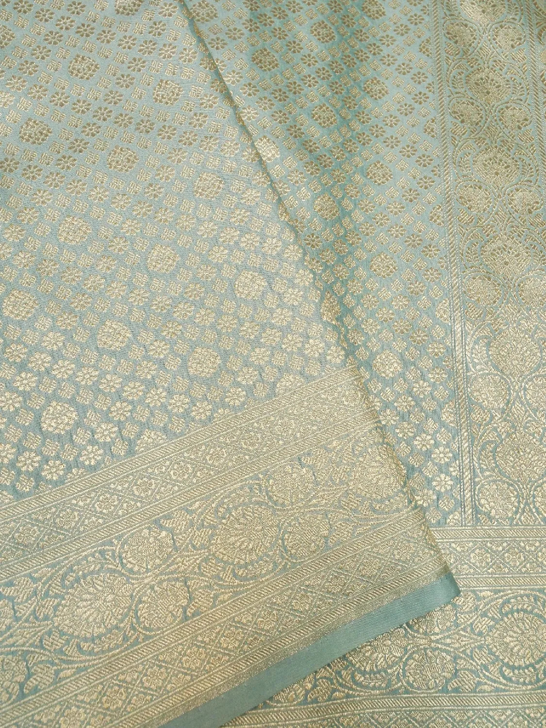 Aqua Blue Banarasi Katan Silk Saree with Gold Zari Floral Buttas DSK0047