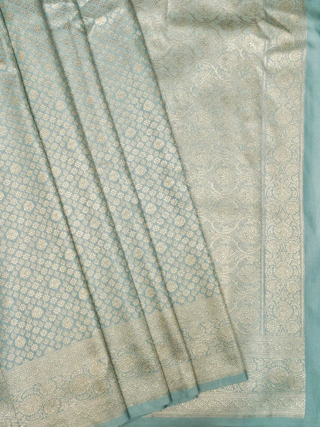 Aqua Blue Banarasi Katan Silk Saree with Gold Zari Floral Buttas DSK0047