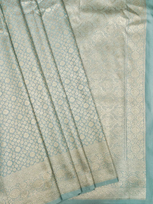 Aqua Blue Banarasi Katan Silk Saree with Gold Zari Floral Buttas DSK0047