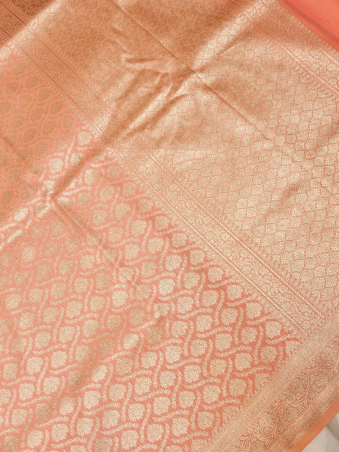 Warm Peach Banarasi Katan Silk Saree with Antique Gold Floral Brocade Weave DSK0049