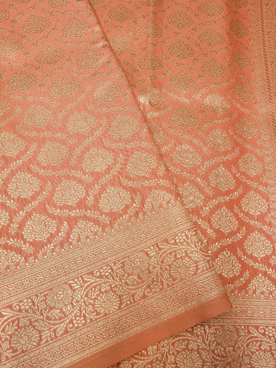 Warm Peach Banarasi Katan Silk Saree with Antique Gold Floral Brocade Weave DSK0049