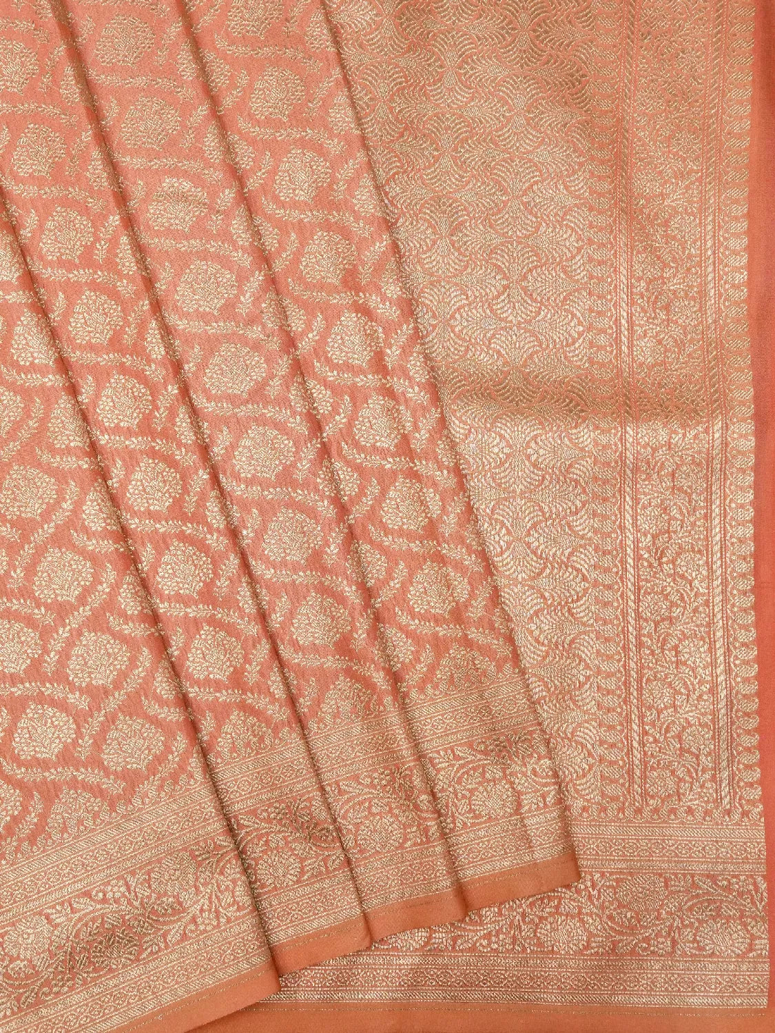 Warm Peach Banarasi Katan Silk Saree with Antique Gold Floral Brocade Weave DSK0049