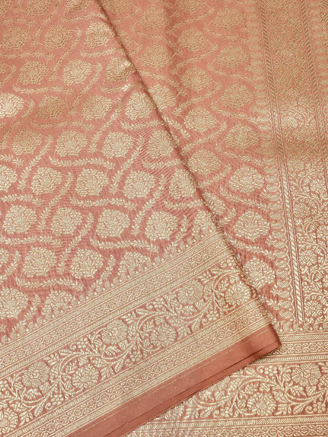 Deep Rose/Rust Banarasi Katan Silk Saree with Heavy Gold Zari Floral Brocade DSK0050