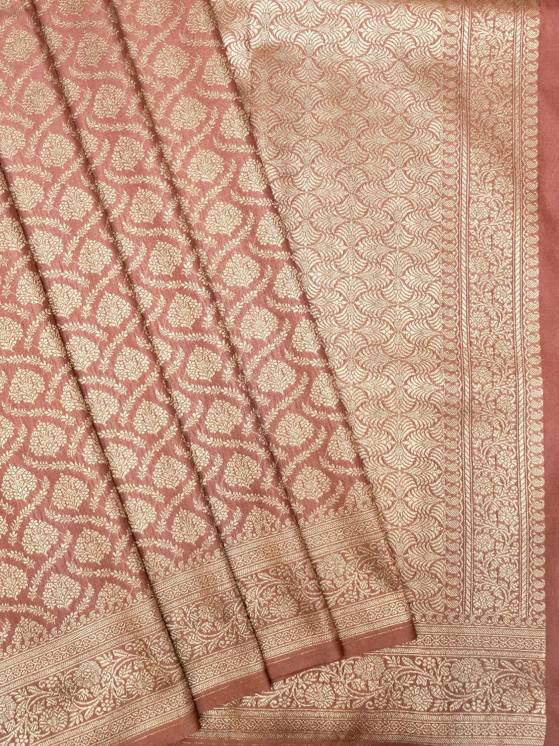 Deep Rose/Rust Banarasi Katan Silk Saree with Heavy Gold Zari Floral Brocade DSK0050