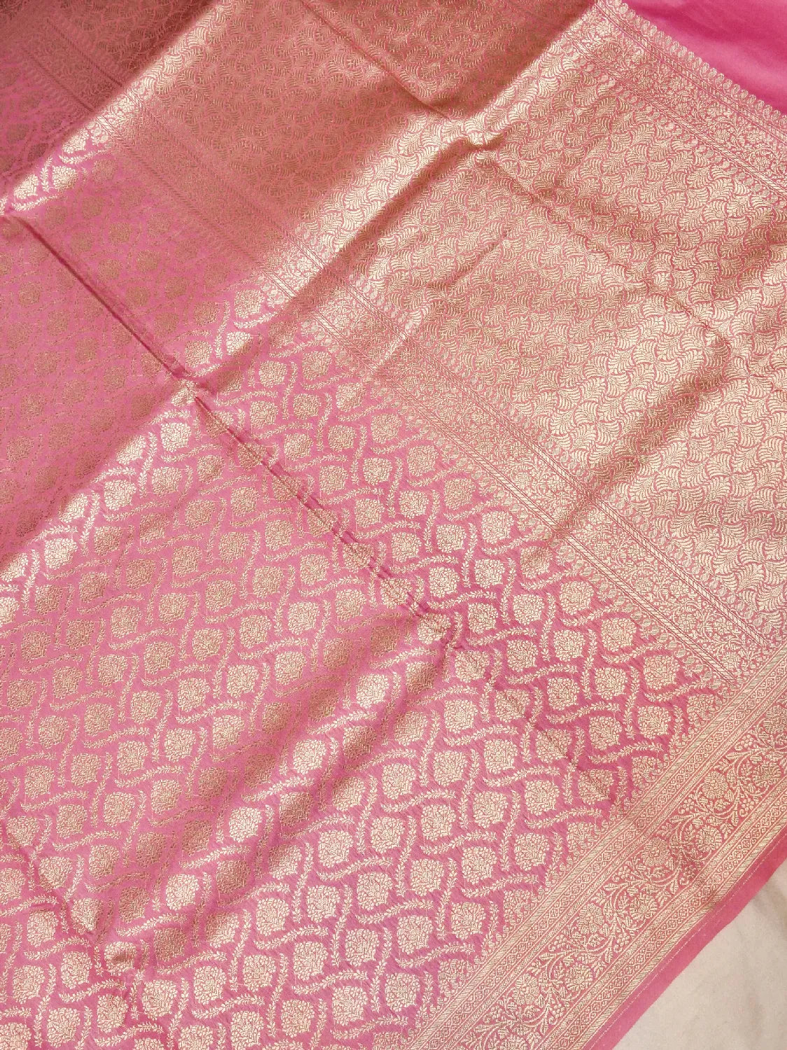 Rani Pink Banarasi Katan Silk Saree with All-Over Gold Zari Floral Brocade DSK0051