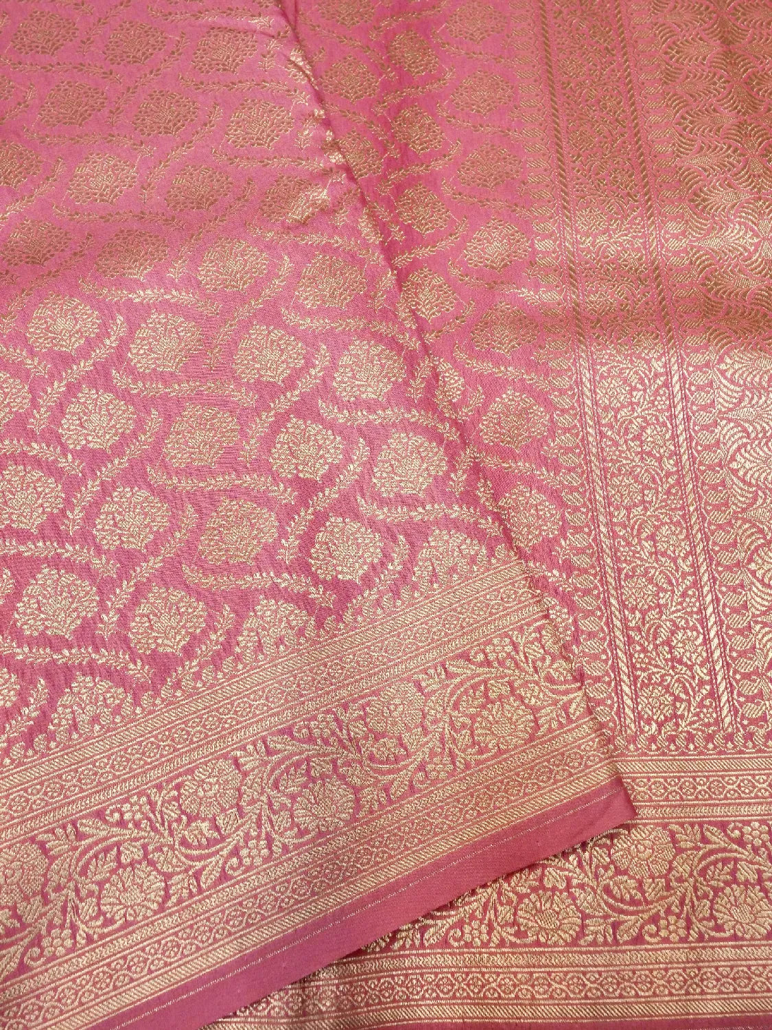 Rani Pink Banarasi Katan Silk Saree with All-Over Gold Zari Floral Brocade DSK0051