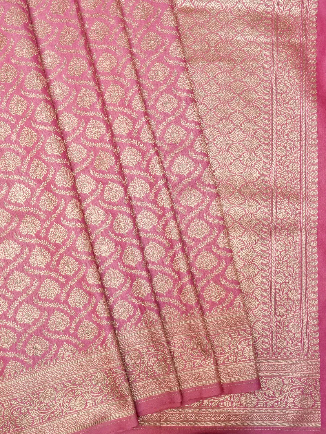 Rani Pink Banarasi Katan Silk Saree with All-Over Gold Zari Floral Brocade DSK0051