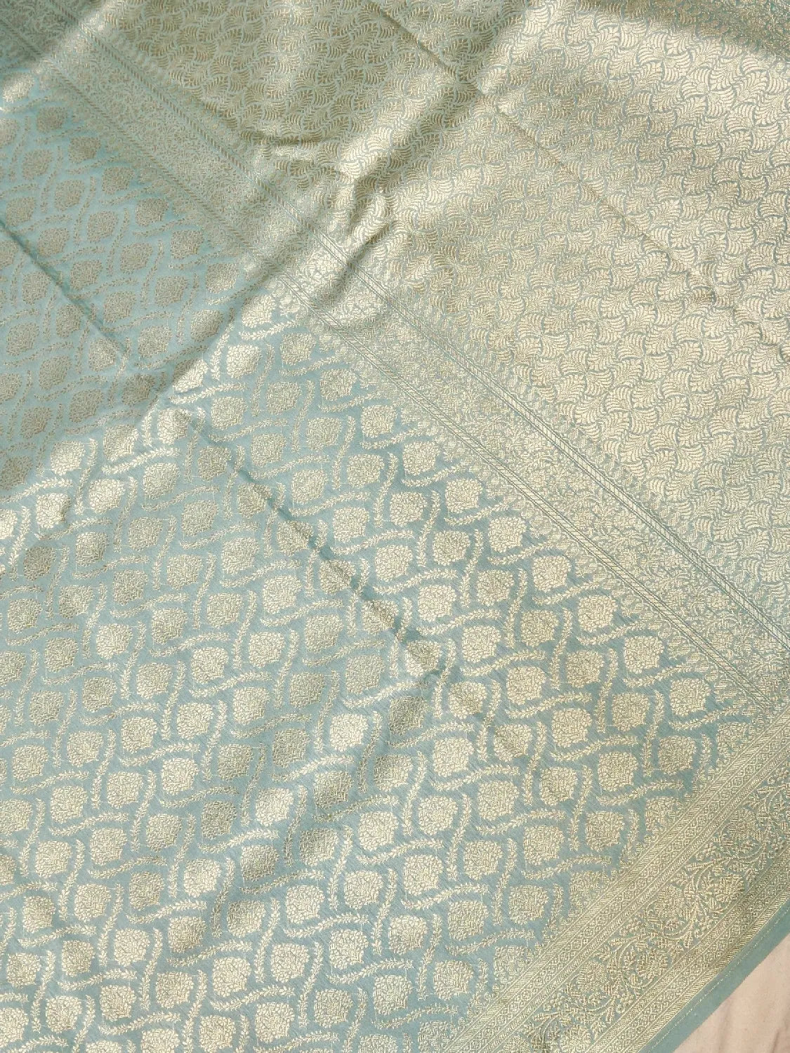 Pastel Seafoam Green Banarasi Katan Silk Saree With Large Gold Floral Buttas DSK0055