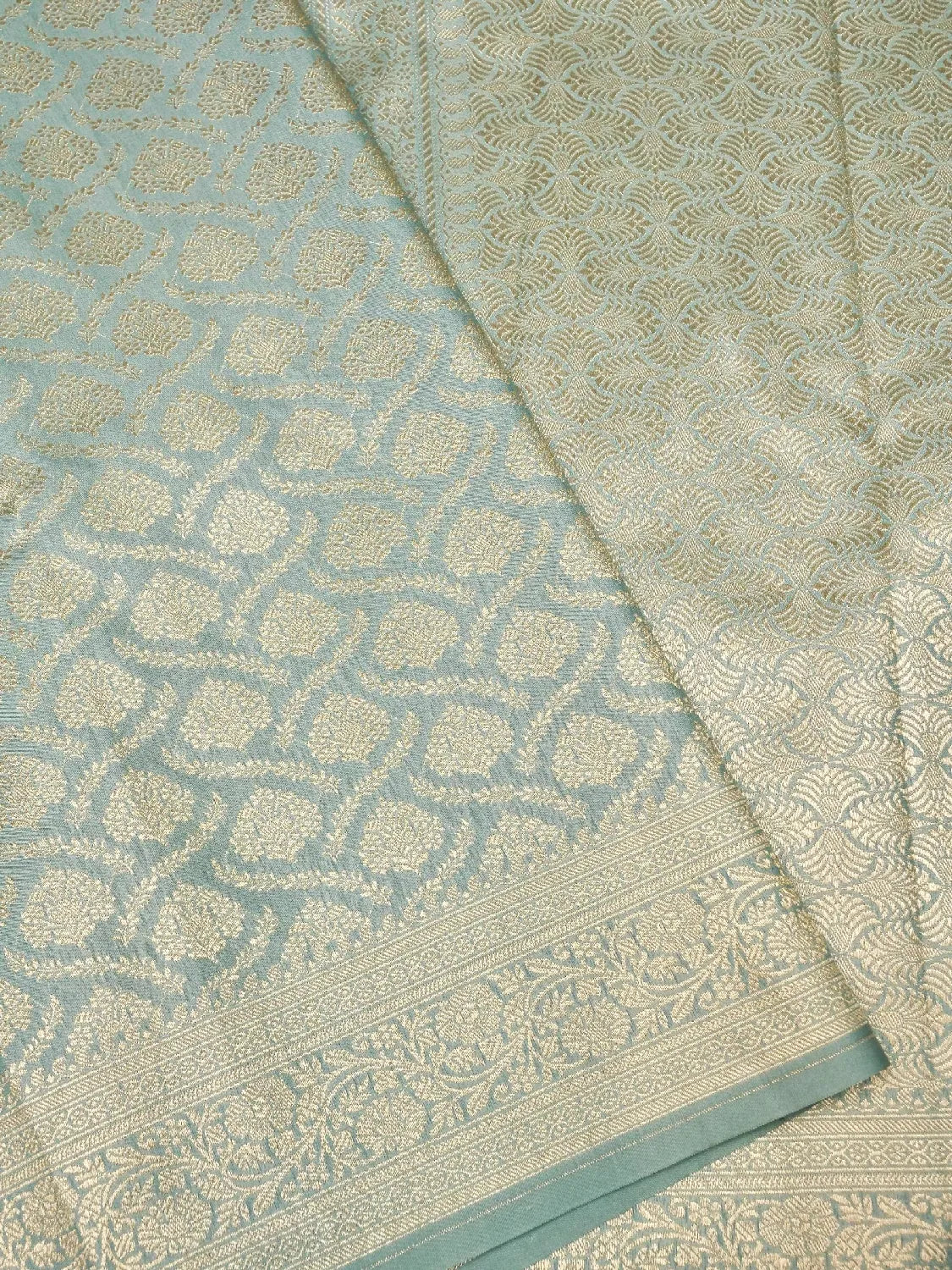 Pastel Seafoam Green Banarasi Katan Silk Saree With Large Gold Floral Buttas DSK0055