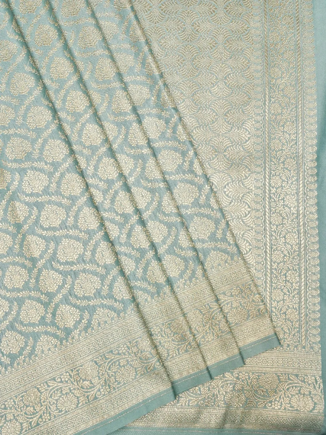 Pastel Seafoam Green Banarasi Katan Silk Saree With Large Gold Floral Buttas DSK0055