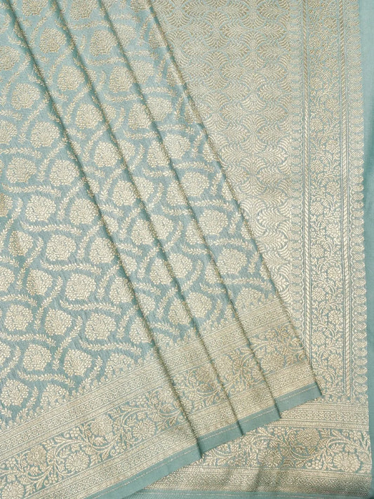 Pastel Seafoam Green Banarasi Katan Silk Saree With Large Gold Floral Buttas DSK0055