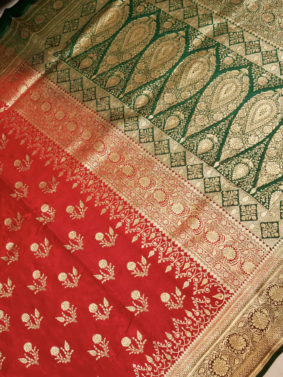 Festive Red & Green Katan Silk Saree with Heavy Zari Swarovski Work Border & Paisley Pallu DSK0014