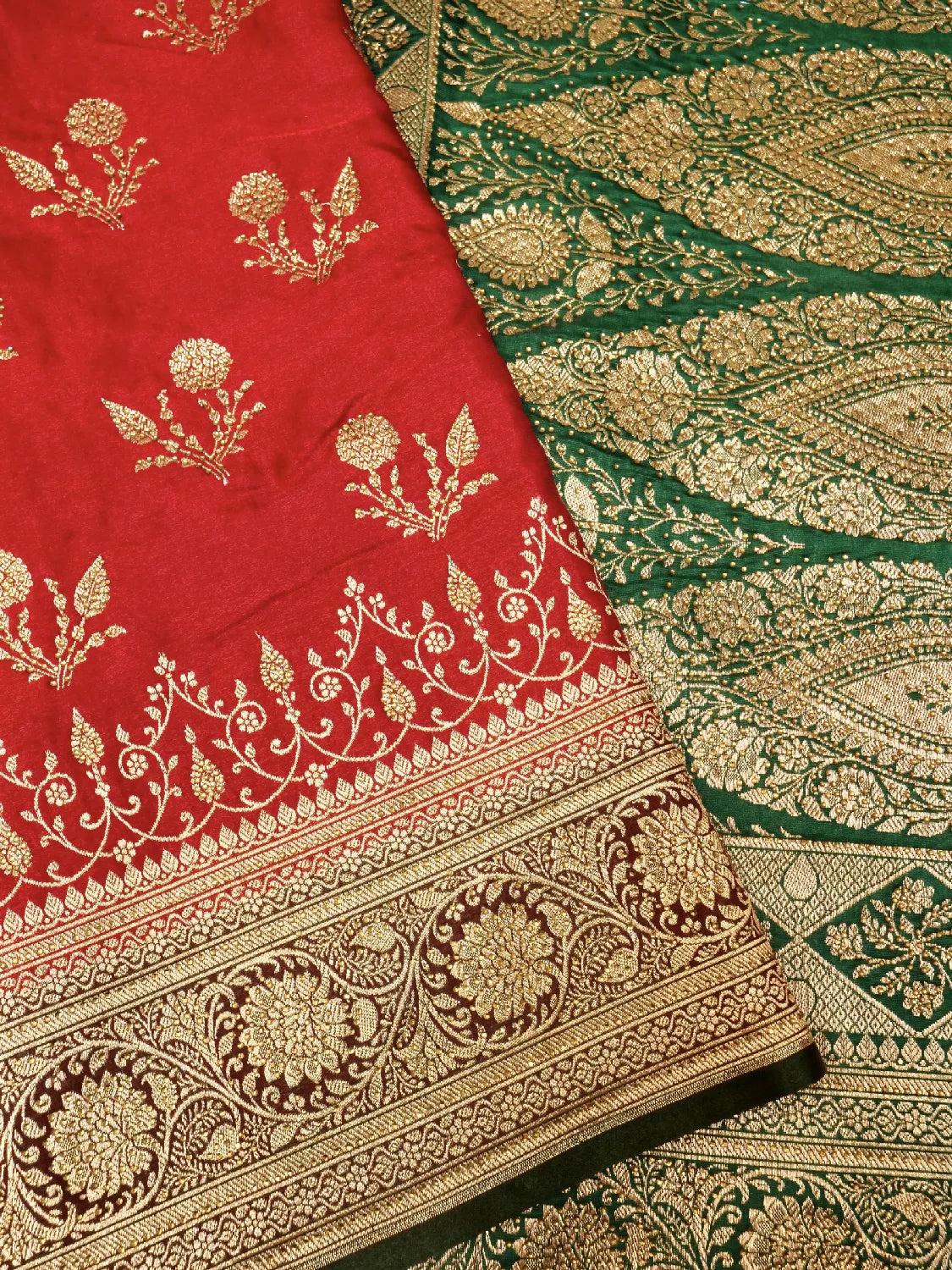Festive Red & Green Katan Silk Saree with Heavy Zari Swarovski Work Border & Paisley Pallu DSK0014